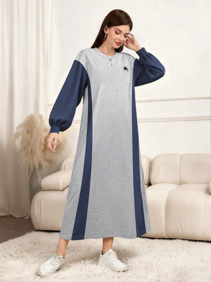 Modelyn 女式简约马标志印花连帽长袖超长连衣裙,春秋季 - 灰色 - 查看 1