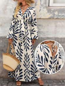 Brillora Women's Vacation Plant Print Lantern Sleeve Loose Jumpsuit,BOHO,BOHO Style,Spring/Autumn,Western Clothes For Women, Boho Chic, Country Concert Outfit, Country Concert Outfit, Holiday Festival Outfits, Beach Outfits For Woman, Tie Front Top,Bohemian Style For Vacation, Vacation, Bohemian Outfit For Women Party,Beach Outfit For Women,,Vacation, - Blue - View 10