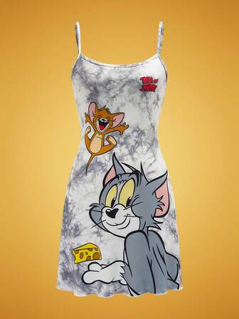 TOM & JERRY X SHEIN Women's Summer Tie-Dye Letter & Cartoon Pattern Camisole Sleep Dress Nightgown Tank Nightgown Pajamas