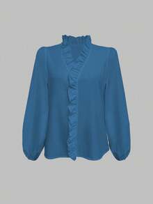 SHEIN LUNE 女士纯色荷叶边V领长袖休闲衬衫 - 中等水洗藍 - 查看 3