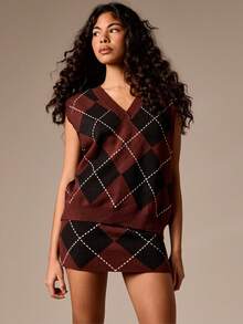 AiiRZ 菱形格纹无袖毛衣背心，饰有罗纹滚边，适合秋冬季叠穿 - 彩色 - 查看 1