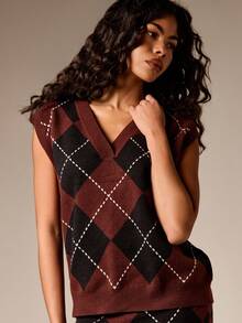 AiiRZ 菱形格纹无袖毛衣背心，饰有罗纹滚边，适合秋冬季叠穿 - 彩色 - 查看 5