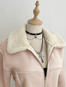 Elamini 棕色绒面革保暖内衬仿羊羔绒领翻领拉链口袋落肩长袖宽松外套，时尚街头风复古优雅高端简约设计，适合休闲、外出、约会、秋冬季穿着。 - 粉色 - 查看 5