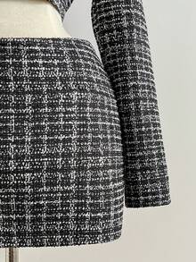 SHEIN Unity Women's Black And White Plaid Tweed 2 Pieces Set,Autumn Elegent Office Short Jacket & Low Waist A-Line Skirt,Metal Button Round Neck Fashion Suit - Black - View 5