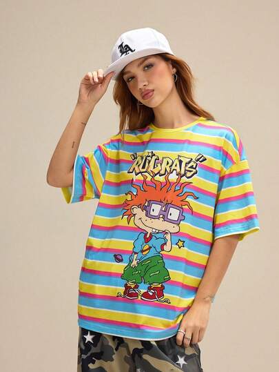 Nick 90s | SHEIN Women's Striped And Cartoon Figure Graphic Round Neck Short Sleeve T-Shirt
