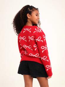 SUMWON Festive Bow Pattern Knit Sweater With Ribbed Crew Neck And Long Sleeves For Holiday Celebrations - Red - View 2