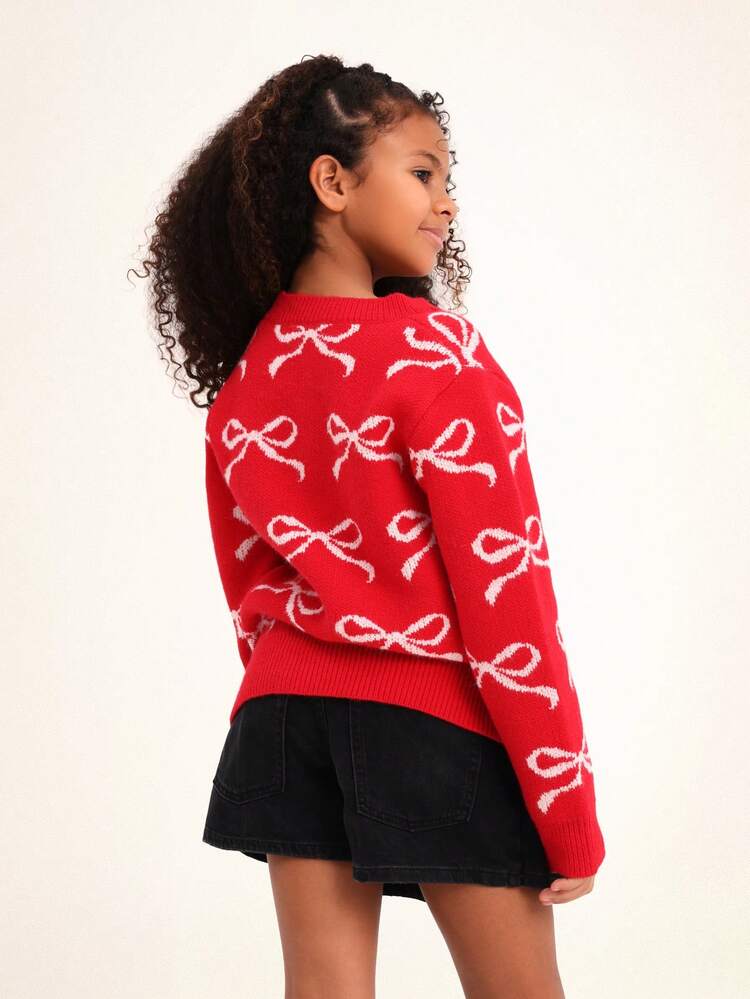 Bow Pattern Knit Sweater With Crew Neck
