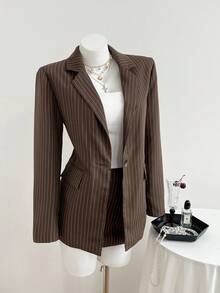 Elamini 女士优雅套装，休闲棕色条纹西装外套搭配同色系棕色条纹迷你裙两件套，适合秋冬季日常穿着。 - 彩色 - 查看 5