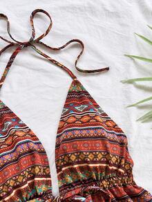 Soleia 女士复古条纹印花V领系带露背上衣搭配宽松超短裤两件套，适合度假、邮轮、假日、约会、下午茶、夜店、海滩、海岛度假村、公路旅行、音乐节、波西米亚风度假等场合，室内外均可穿着，四季皆宜 - 棕色 - 查看 3