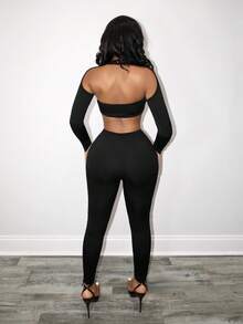 BamGleam Combinaison longue sexy à manches longues et décolleté ajouré pour femmes, couleur unie