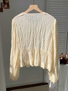 Comfortcana Áo sơ mi nữ đơn sắc, tối giản, buộc dây phía trước - Màu be - Xem 2