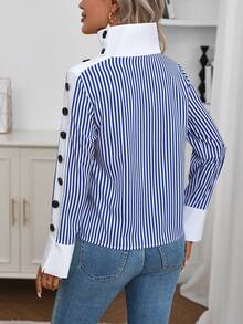 EMERY ROSE Women's Elegant High-End Design Contrast Color Block Collar Long Sleeve Casual Versatile Striped Shirt, Winter - Blue and White - View 2