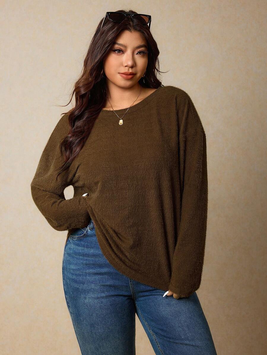 Elaquor Plus Size Women Tie Back Design Brown T-Shirt, Casual Commuter Wear - Brown - View 1