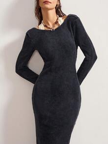 Bohemela Vestido midi ajustado de manga larga, de punto y unicolor, con espalda descubierta, para mujer - Negro - Ver 6