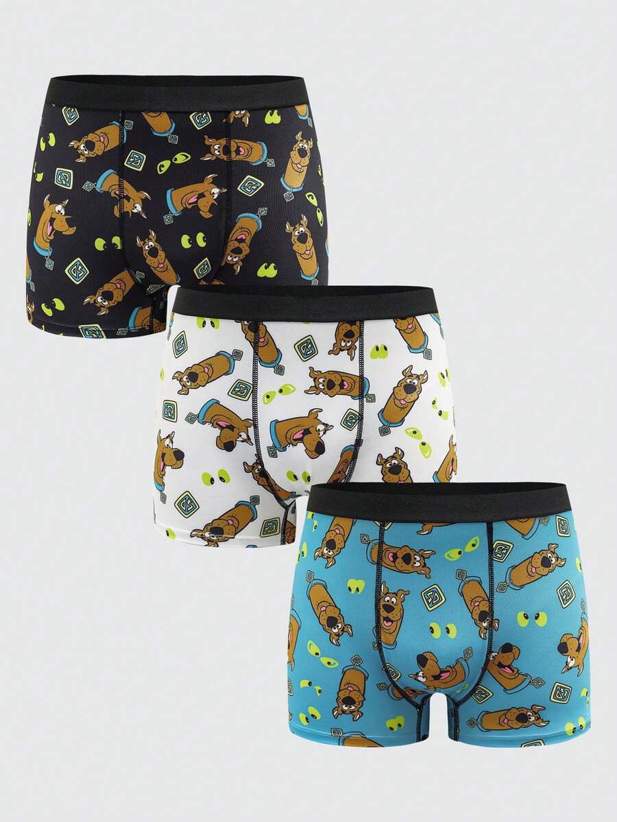 SCOOBY-DOO X SHEIN 3pcs/Pack Men's Comfortable Soft Cartoon Dog Print Trunks Graphic Boxers Men Boxers Pack Cartoon Boxers Cute Boxers Boys Underwear - Multicolor - View 1