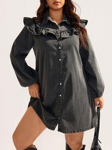 Elaquor Plus Size Women Long Sleeve Single-Breasted Ruffle Patchwork Casual Denim Dress - Black - View 3