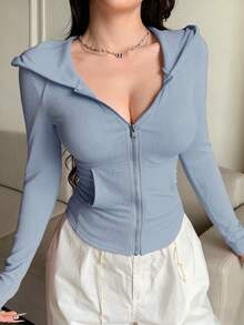 DAZY Áo thun có mũ kéo khóa dành cho ngày Valentine, áo thun dài tay ôm sát dành cho nữ. - Màu xanh lam - Xem 2