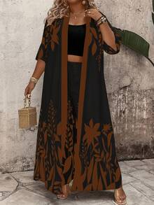 Breezaya 大码女式植物印花七分袖和服式上衣搭配系带阔腿裤休闲套装 - 咖啡棕 - 查看 6