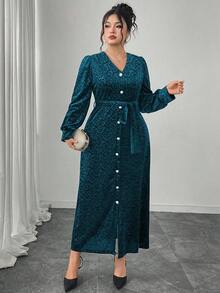 Modelyn Plus Size Women V-Neck Lantern Sleeve Velvet Embossed Elegant Party Dress - Blue - View 3