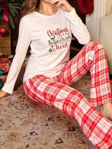 EURMUSE 女士棉质圣诞字母家居睡衣套装 - 紅白色 - 查看 3