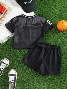 SHEIN 2 Stück/Set Baby Jungen süßer Sportlich Lässig Sommer Schwarzes Zahlen Muster Locker Kurzarm Top und Elastischer Taille Shorts Set, Sportoutfit für Basketball, Fußball - Verschiedenfarbig - Übersicht 5