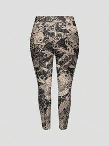 ROMWE Grunge Punk Neo-Chinese Punk Goldfish Calligraphy Chrysanthemum Retro Elastic Plus Size Leggings - Khaki - View 2