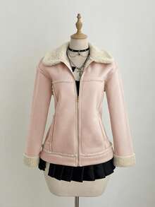 Elamini 棕色绒面革保暖内衬仿羊羔绒领翻领拉链口袋落肩长袖宽松外套，时尚街头风复古优雅高端简约设计，适合休闲、外出、约会、秋冬季穿着。 - 粉色 - 查看 4