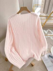 新款优雅纽扣装饰套头毛衣，简约欧美风时尚针织上衣 - 粉色 - 查看 2