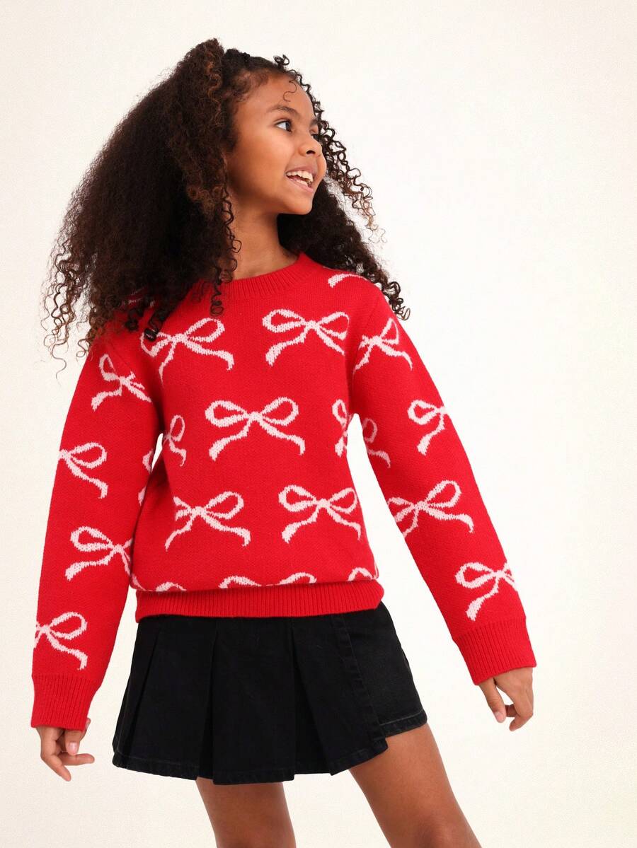 SUMWON Festive Bow Pattern Knit Sweater With Ribbed Crew Neck And Long Sleeves For Holiday Celebrations - Red - View 1