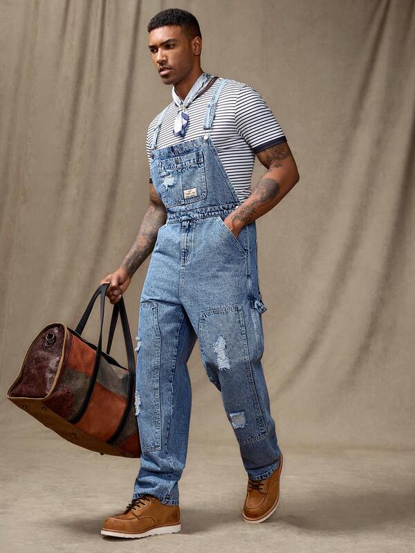 RivetRise Peto vaquero casual con tirantes y desgaste para hombres