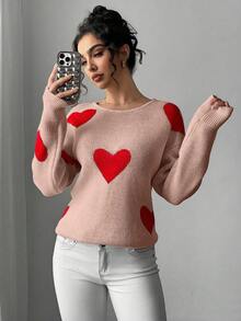 Chiquease 女士休闲宽松露背爱心提花长袖毛衣 - 粉色 - 查看 4