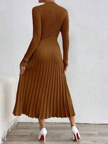 RosyDaze Váy dệt kim tay dài xếp ly cổ đứng màu trơn cho nữ, mùa thu/đông - Rỉ Nâu - Xem 2