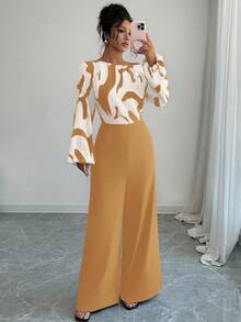 Elenzga Women's Printed Patchwork Waist Wide Leg Jumpsuit, Elegant Silhouette For Daily Commute And Versatile Wear - Khaki - View 4