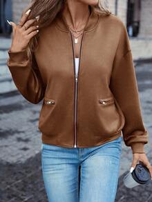 SHEIN LUNE Damska kurtka baseballowa w jednolitym kolorze z długimi rękawami i opadającymi ramionami, dwustronna, z kieszeniami bocznymi, jesienna brązowa kurtka damska, brązowa kurtka typu bomber, damska kurtka typu bomber, kurtki damskie, swobodna kurtka typu bomber