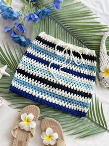 Soleia 女式度假风格红色渐变彩虹条纹紧身迷你裙，适合婚礼季节、海滩、音乐节、夏季波西米亚风钩针针织秋冬 - 彩色 - 查看 6