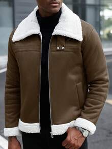 Manfinity CasualCool 男士撞色拉链休闲长袖夹克，带保暖内衬，秋冬男士外套，男士夹克，冬季男士保暖内衬夹克，男士羊羔绒夹克 - 巧克力棕 - 查看 3