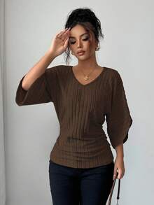 Selianne Women's Comfortable Casual V-Neck Ruffle Batwing Sleeve Solid Color Brushed Rib T-Shirt - Brown - View 4