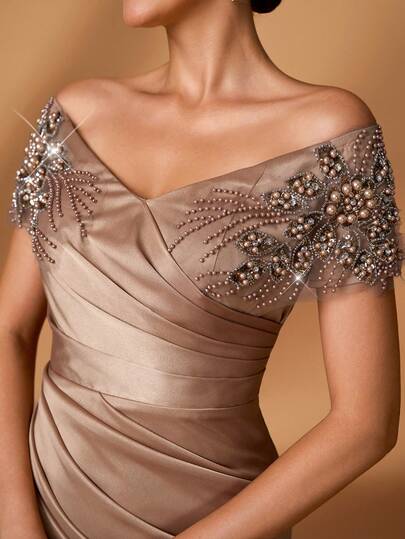 Serin Elegant Luxurious Faux Pearl Beaded Embroidered Lace Applique Satin Ruched Off Shoulder Sleeve Mermaid Dress, Suitable For Wedding, Party, Vacation, Prom, Mother Of The Bride Evening Gown, Valentine's Day