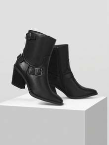 MOTF Botas de tobillo con tacón grueso, hebilla cuadrada, rayas, parches y suela de ante sintético negro, cómodas y de moda para el transporte diario - Negro - Ver 9