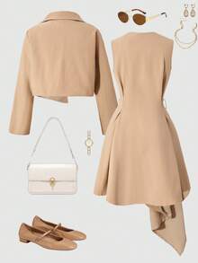 SHEIN Set de 2 piese: Trench elegant, casual, versatil, pentru fete, cu rochie fără mâneci - perfect pentru plimbări în aer liber, cumpărături, naveta și călătorii primăvara și toamna - Kaki - Vizualizare 2