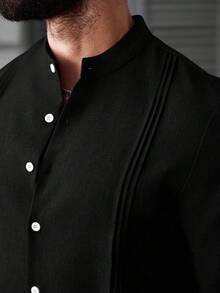 Manfinity CasualCool 男士黑色純色長袖百褶襯衫，休閒時尚奢華修身正裝襯衫，適合夏季夜晚，老錢風派對婚禮禮物，正式款 - 黑色 - 查看 3
