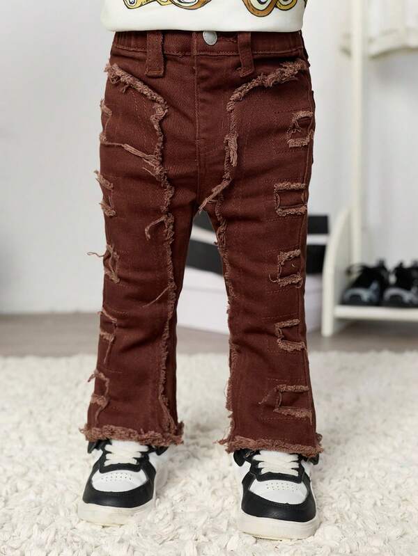 Toddler Boys'Vinatge Stylish Raw Edge Patchwork Brown Denim Elastic Skinny Jeans Fall Winter,For Boys Fall/Winter Dailywear Outfits,Boys Streetwear Outfits,Christmas Outfits,Boys New Year Outfit,Thanksgiving Outfit For Boys,Stylish Clothing Collection,Winter Clothes,Toddler Jeans,Warm Jeans,Brown Jeans,Brown Jeans Y2k,Skinny Jeans,2000s Jeans