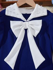 Đầm dự tiệc đính nơ đính đá cổ màu thanh lịch cho bé gái tuổi mới lớn - Màu xanh hải quân - Xem 3