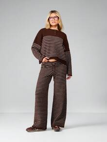 MISSGUIDED Ribbed Knit Wide Leg Palazzo Pants With Horizontal Stripes For Fall Winter Loungewear Comfort - Multicolor - View 3