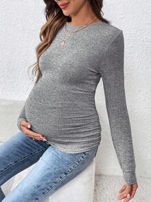 SHEIN Camiseta de maternidad de manga larga, cuello redondo, unicolor, cómoda y casual - Gris - Ver 6
