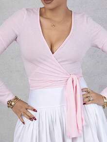 Melissa Matos 1 pieza Blusa casual de mujer de manga larga, ajustada, de unicolor con nudo delantero - Rosa - Ver 5