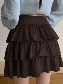 Women's Layered Cake Skirt, Short Ruffled Hem Mini Skirt - Brown - View 2