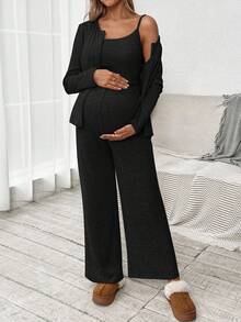 SHEIN 3pcs Maternity Set: Casual Solid Color Camisole, Long Sleeve Jacket, And Pants Maternity Clothes Two Piece Suits Comfortable Two Piece Set 2 Piece Lounge Sets Woman Two Piece Set Women Comfy Maternity Jumpsuits For Woman Maternity Lounge Sets Maternity Pajamas Set - Black - View 4
