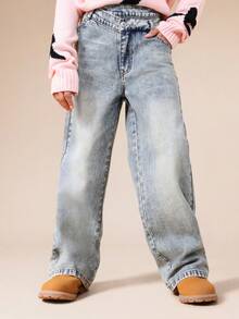 SUMWON Wide Leg Vintage Wash High Rise Denim Jeans With Relaxed Fit For Casual Everyday Wear - Bronze - View 5