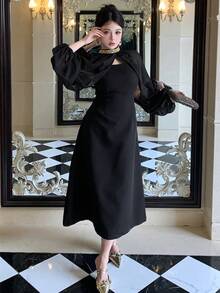 DAZY Women's Elegant 2 Pieces Set: Beaded Collar Mesh Blouse And Long Slip Dress - Black - View 3